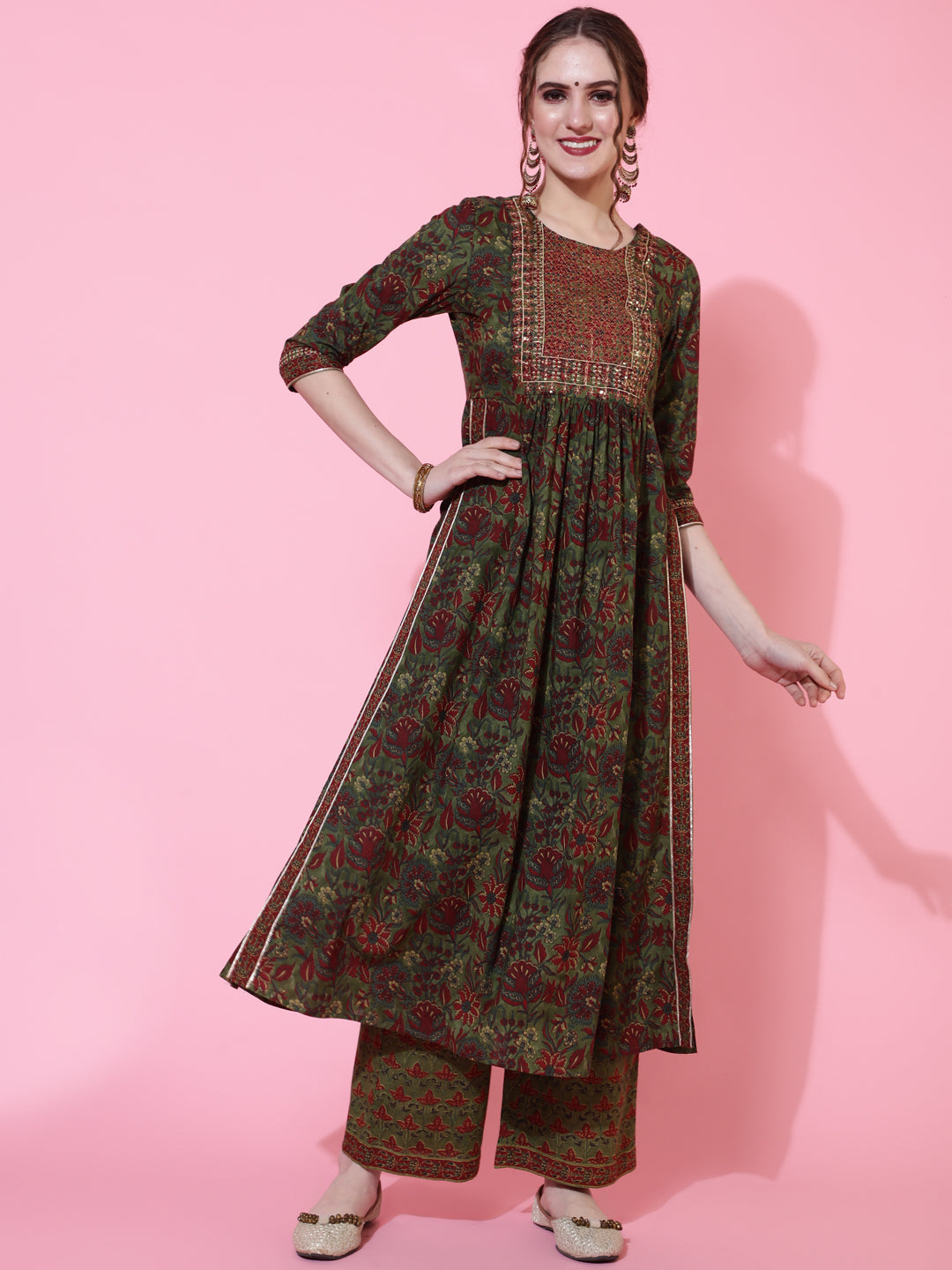 Cotton Printed Calf Length Flared 3/4 Sleeve Round Kurta Bottom Dupatta Set - Image 2