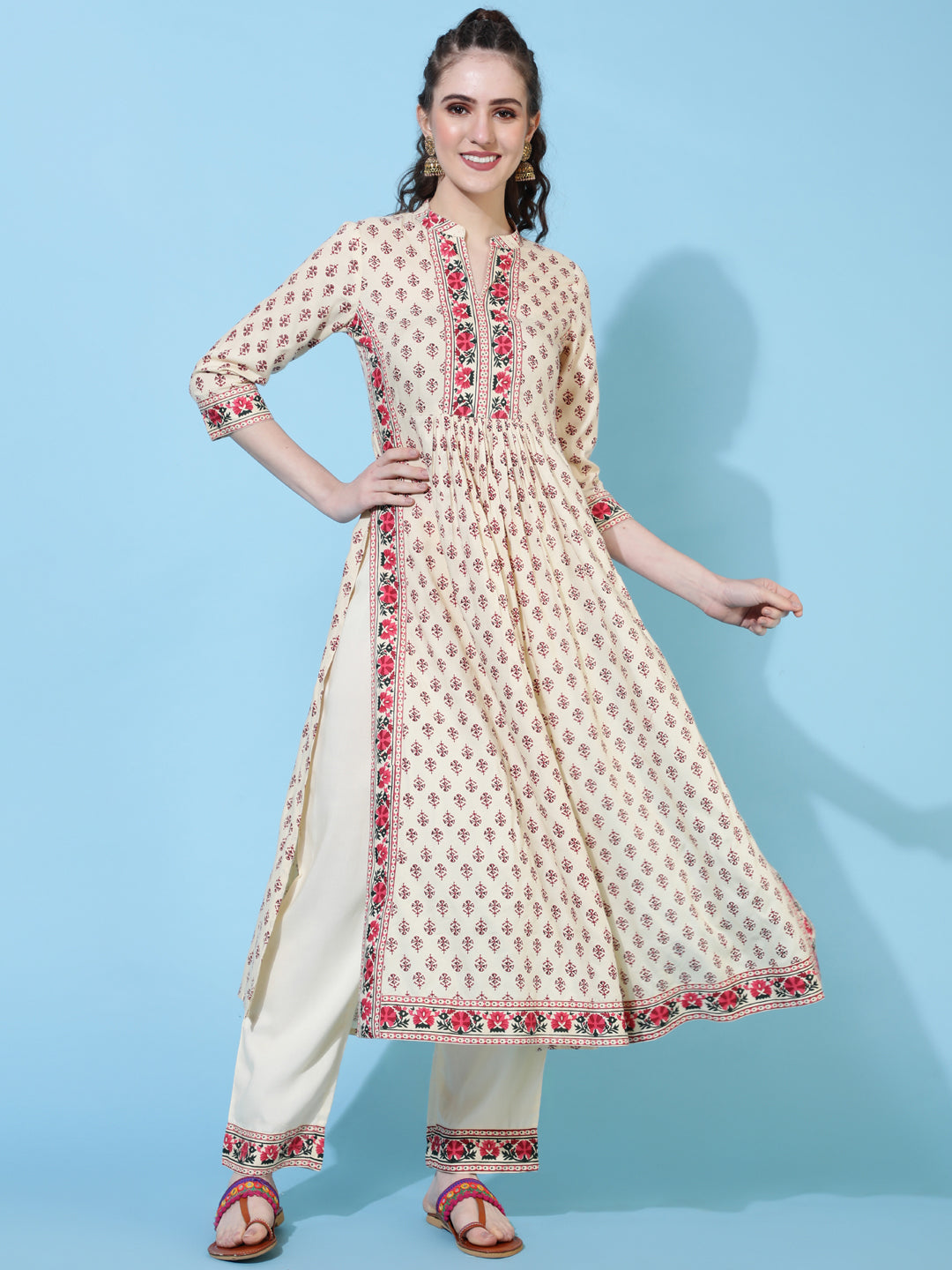 Rayon Calf Length Printed Semi-Flared 3/4 Sleeves Round Neck Kurta Bottom Dupatta Set - Image 5