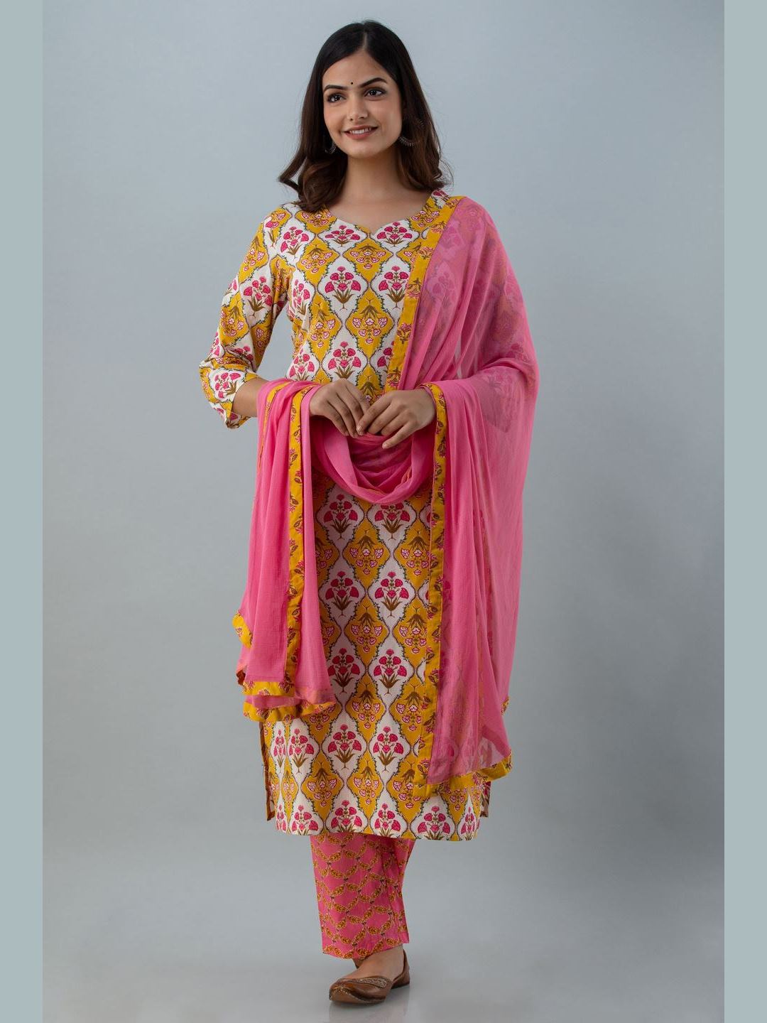 Printed Cotton Round Neck 3/4 Sleeve Straight Calf Length Kurta Set With Dupatta - Image 5