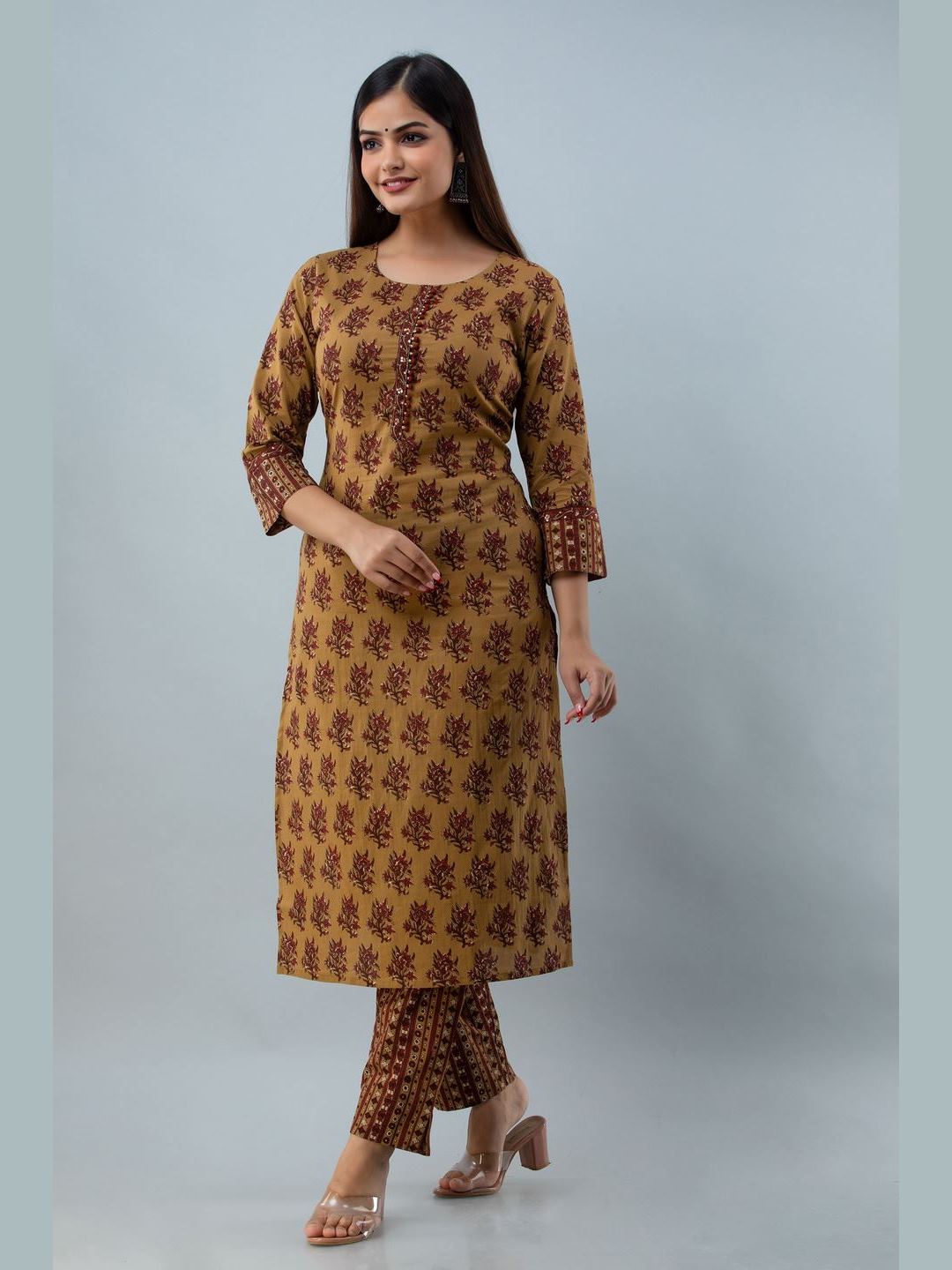 Printed Cotton Round Neck 3/4 Sleeve Straight Calf Kurta Set - Image 2