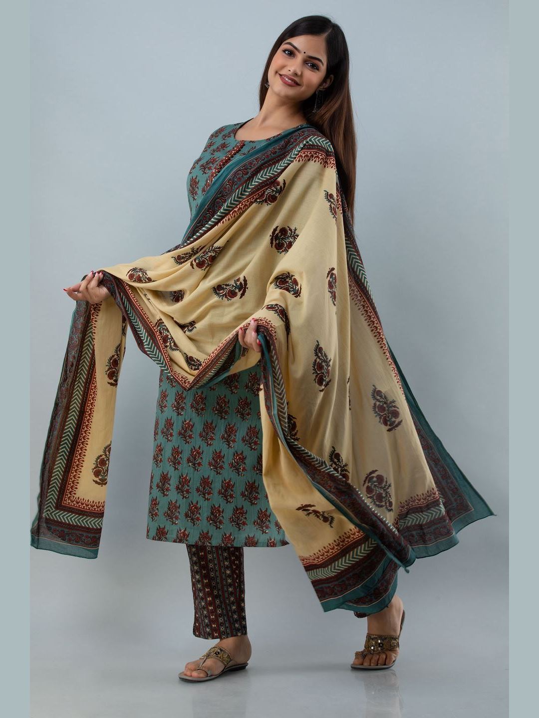 Printed Cotton Round Neck 3/4 Sleeve Straight Calf Kurta Set - Image 2