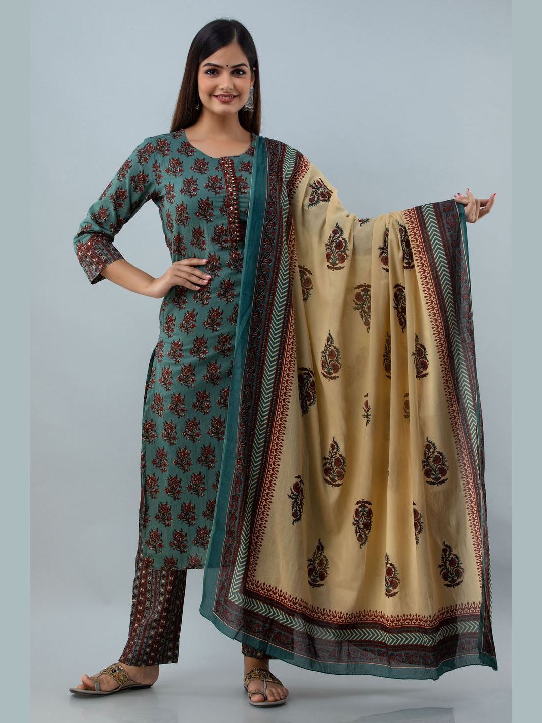 Printed Cotton Round Neck 3/4 Sleeve Straight Calf Kurta Set - Image 4