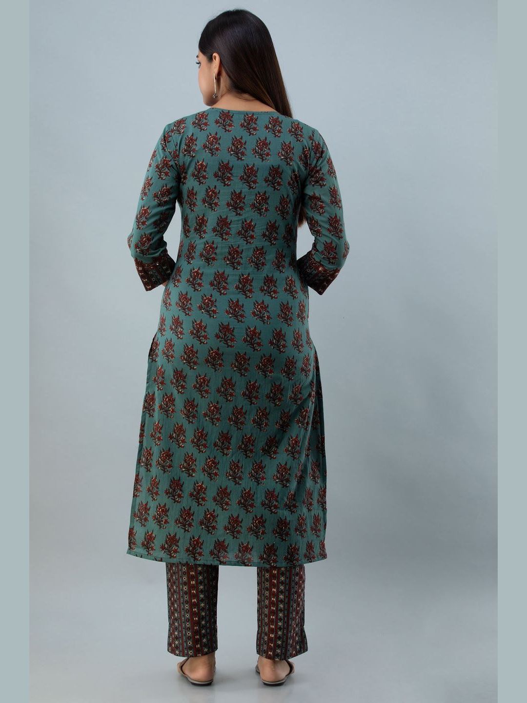 Printed Cotton Round Neck 3/4 Sleeve Straight Calf Kurta Set - Image 3