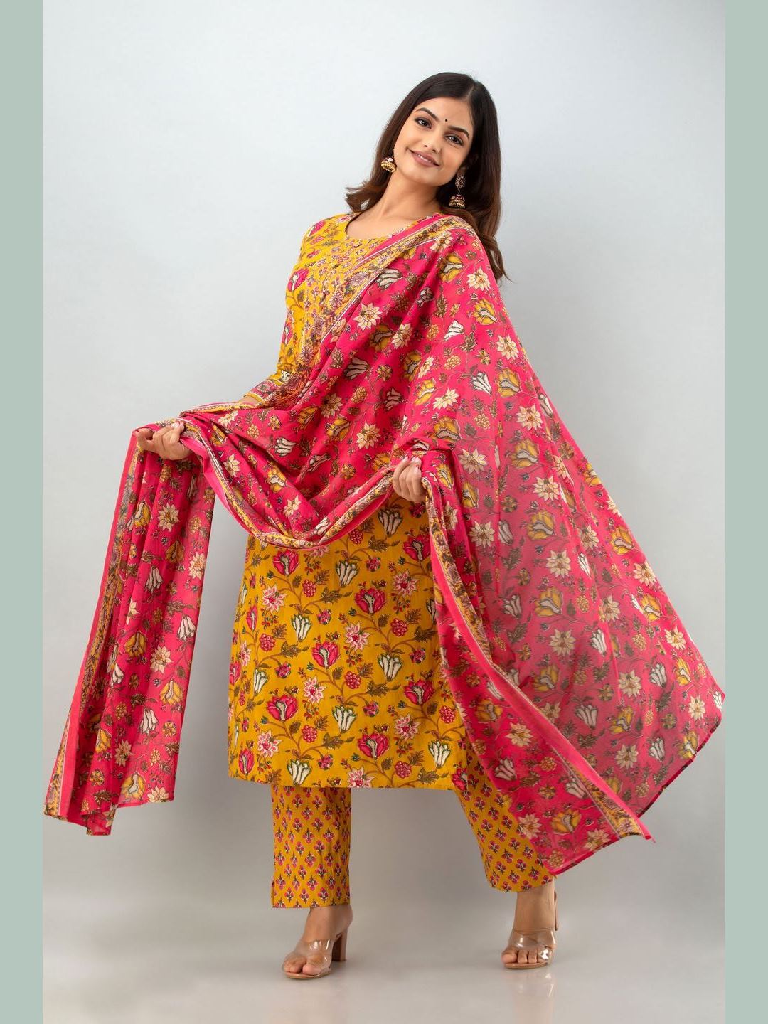 Cotton Calf Length Printed Straight 3/4 Sleeves Round Neck Kurta Pant Dupatta Set - Image 2
