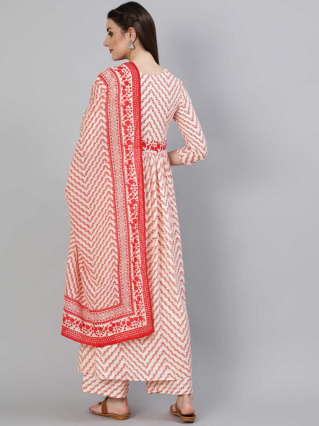 Printed Round Neck Calf Length 3/4 Sleeve Rayon A-Line Kurta, Palazzo & Malmal Dupatta Set - Image 2