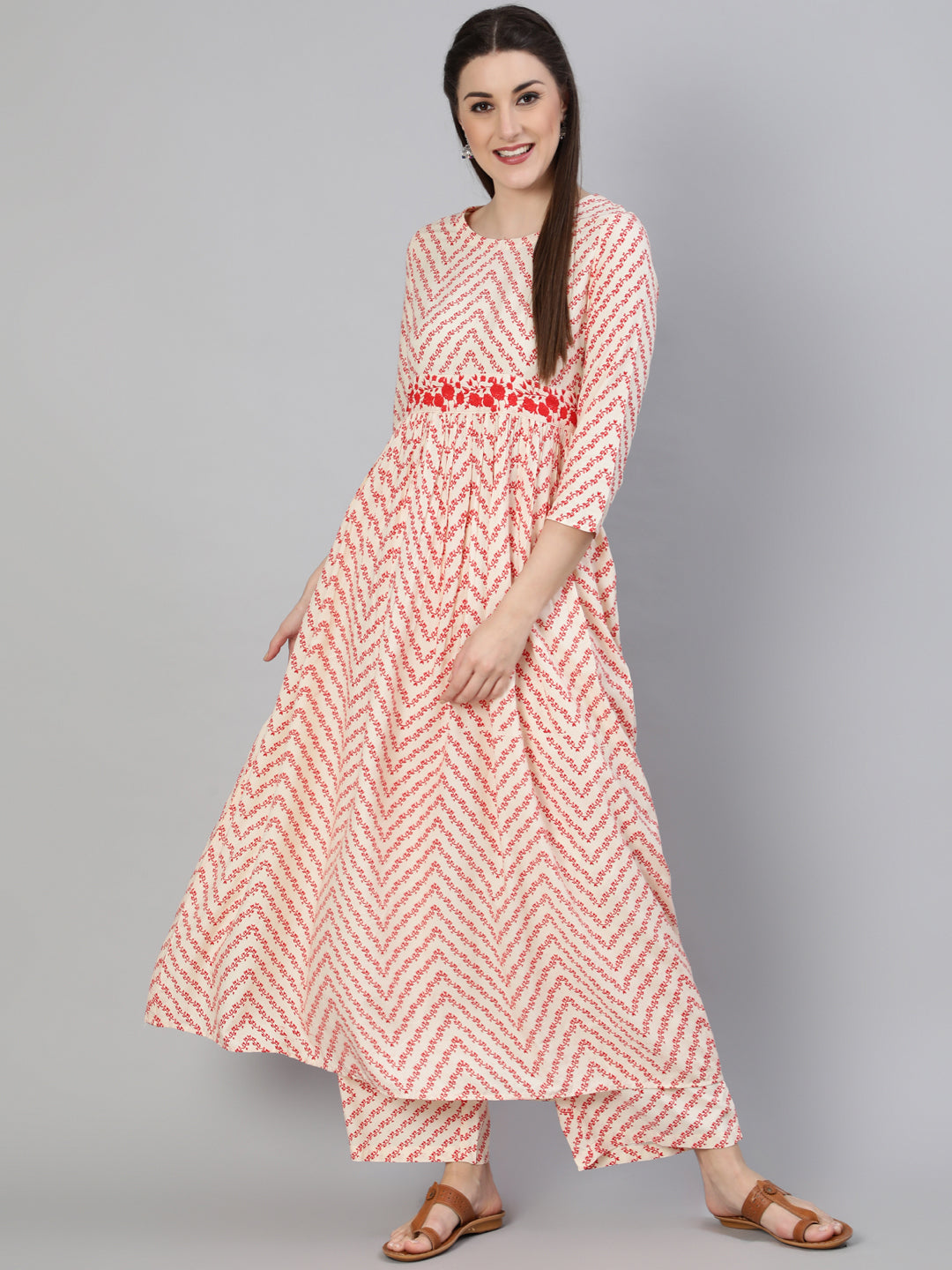 Printed Round Neck Calf Length 3/4 Sleeve Rayon A-Line Kurta, Palazzo & Malmal Dupatta Set - Image 3