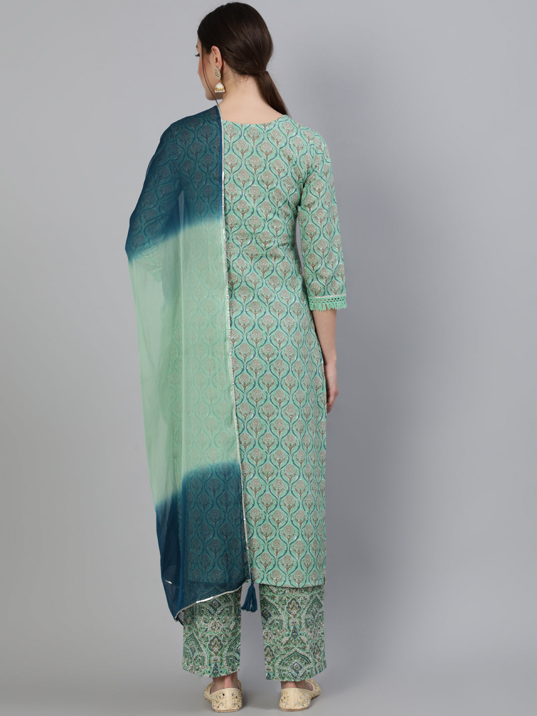 Printed Round Neck Calf Length 3/4 Sleeve Cotton Straight Kurta, Pant & Chiffon Dupatta Set - Image 2