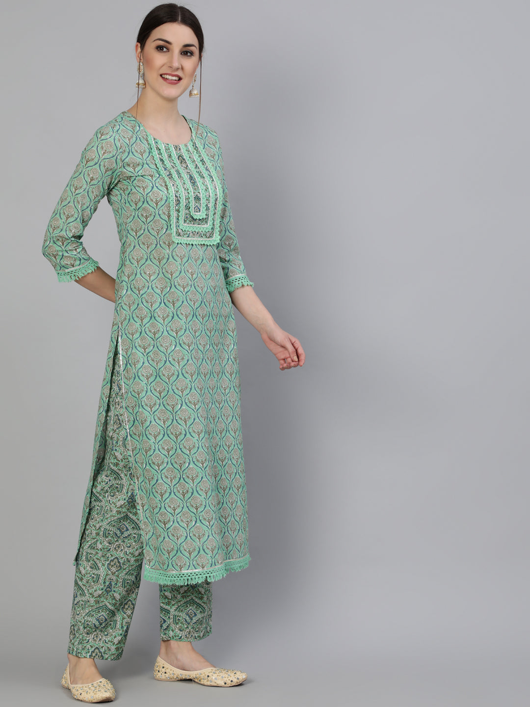 Printed Round Neck Calf Length 3/4 Sleeve Cotton Straight Kurta, Pant & Chiffon Dupatta Set - Image 3