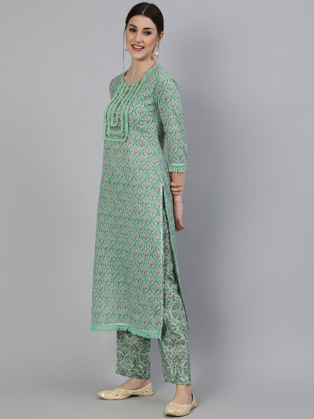Printed Round Neck Calf Length 3/4 Sleeve Cotton Straight Kurta, Pant & Chiffon Dupatta Set - Image 4