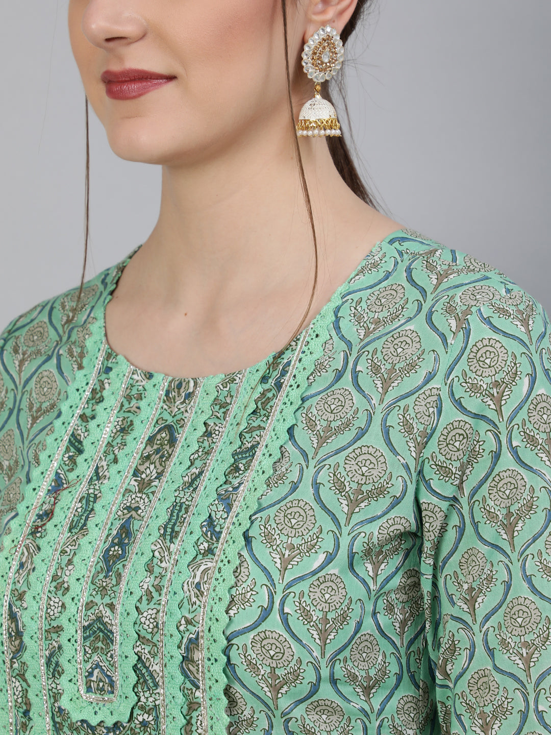 Printed Round Neck Calf Length 3/4 Sleeve Cotton Straight Kurta, Pant & Chiffon Dupatta Set - Image 5