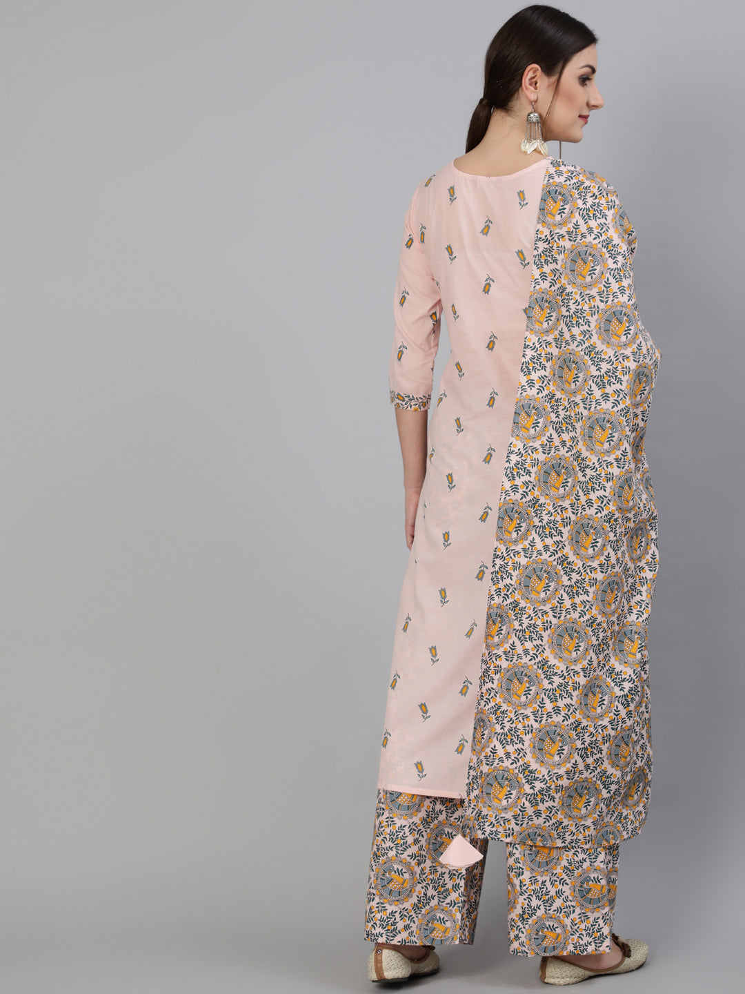 Printed Round Neck Calf Length 3/4 Sleeve Rayon Straight Kurta, Palazzo & Malmal Dupatta Set - Image 2