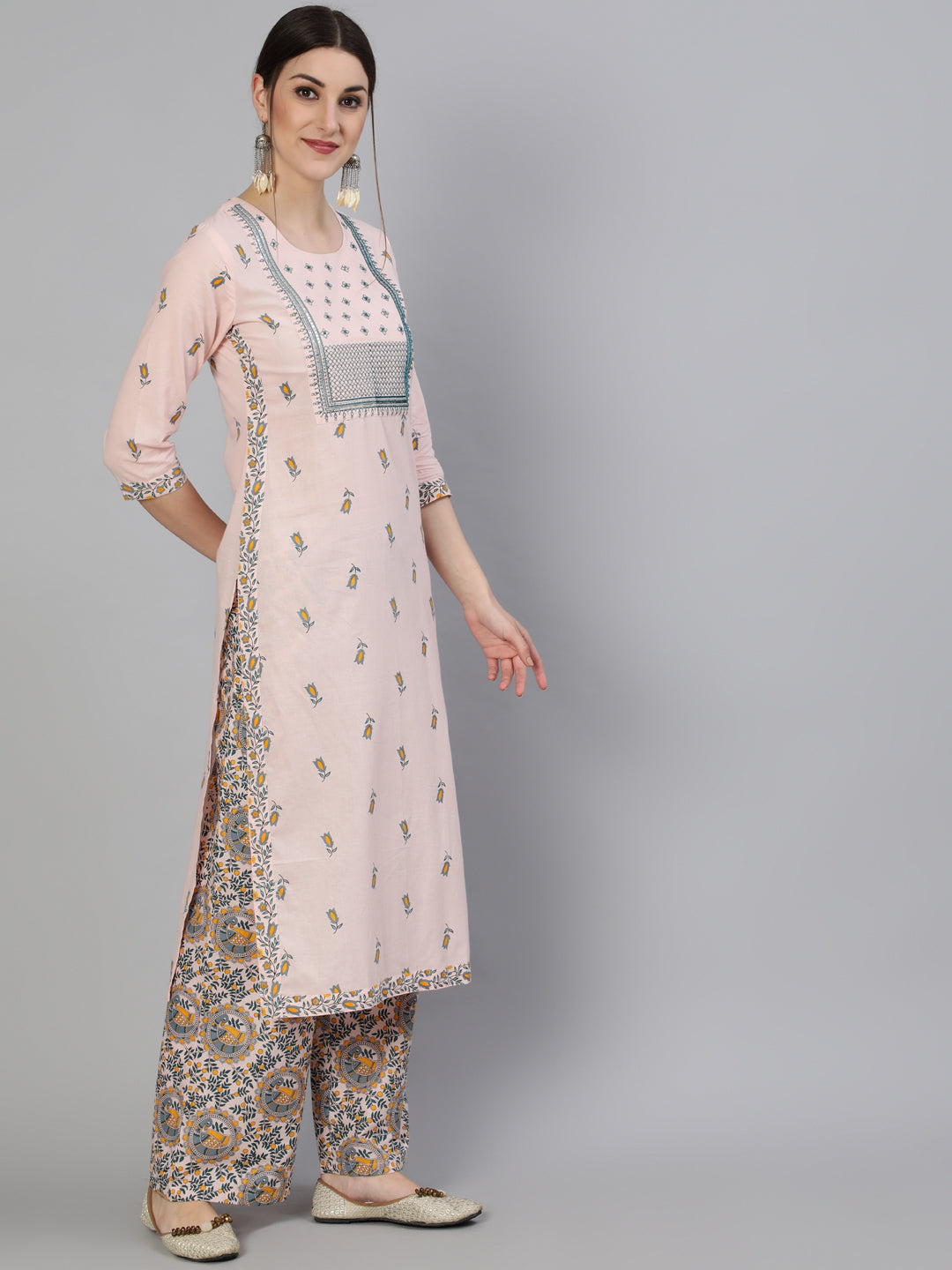 Printed Round Neck Calf Length 3/4 Sleeve Rayon Straight Kurta, Palazzo & Malmal Dupatta Set - Image 3