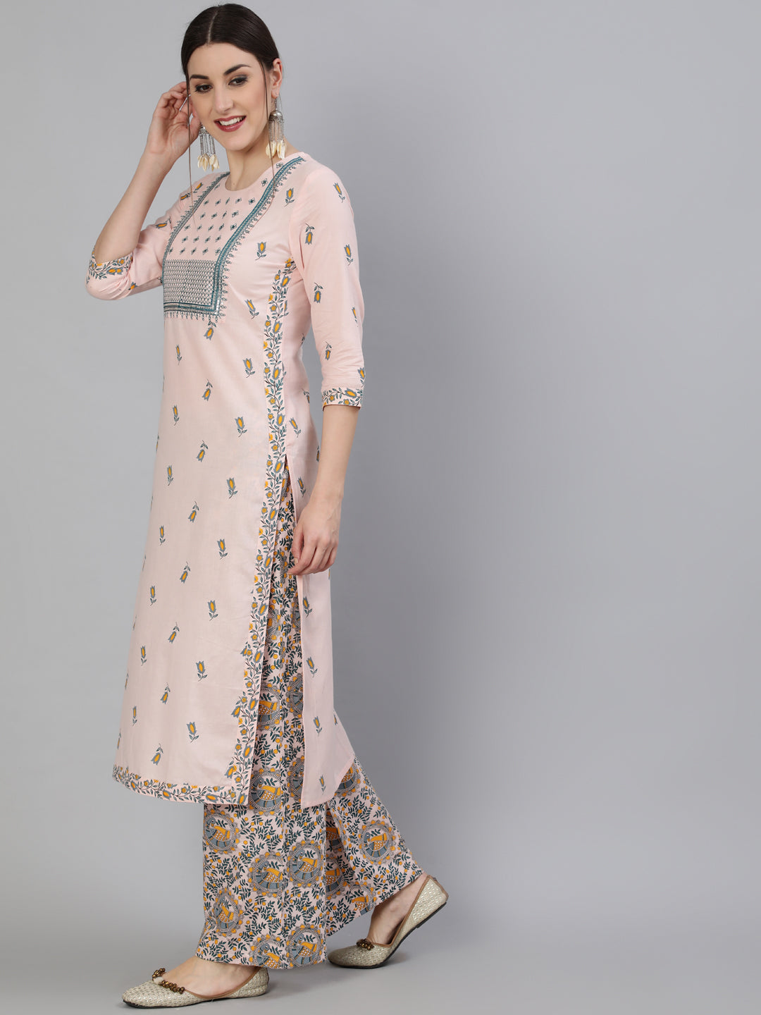 Printed Round Neck Calf Length 3/4 Sleeve Rayon Straight Kurta, Palazzo & Malmal Dupatta Set - Image 4