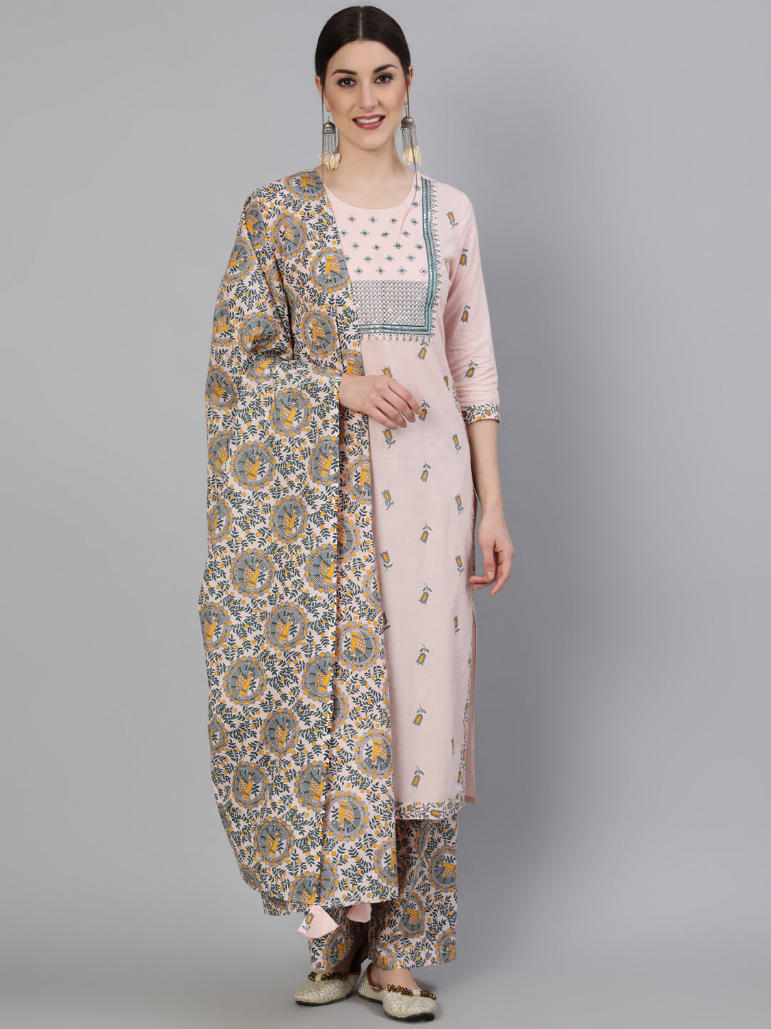 Printed Round Neck Calf Length 3/4 Sleeve Rayon Straight Kurta, Palazzo & Malmal Dupatta Set - Image 5