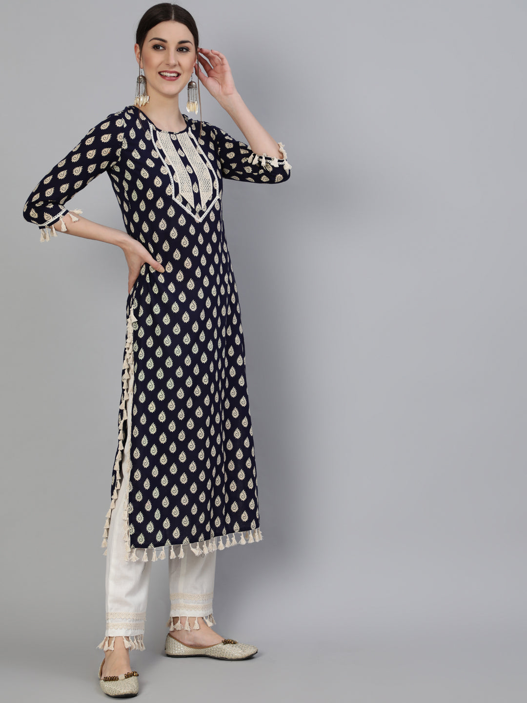 Printed Round Neck Calf Length 3/4 Sleeve Cotton Straight Kurta & Pant Set - Image 2