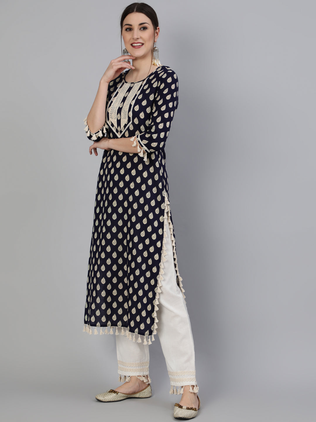 Printed Round Neck Calf Length 3/4 Sleeve Cotton Straight Kurta & Pant Set - Image 3