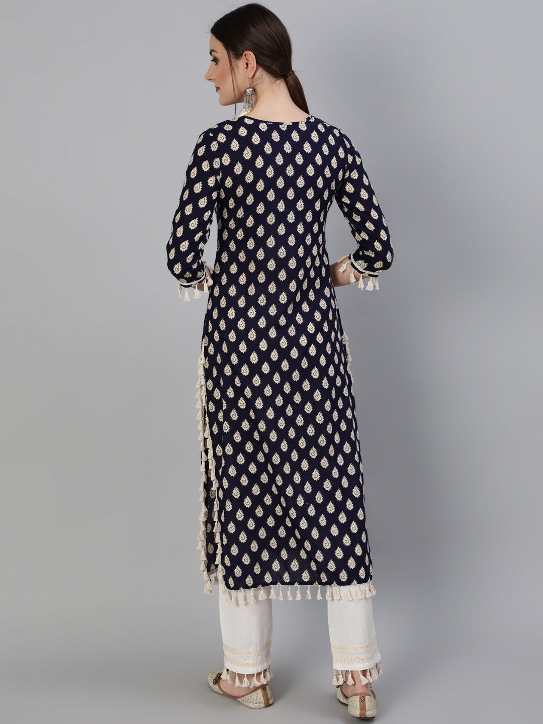 Printed Round Neck Calf Length 3/4 Sleeve Cotton Straight Kurta & Pant Set - Image 4