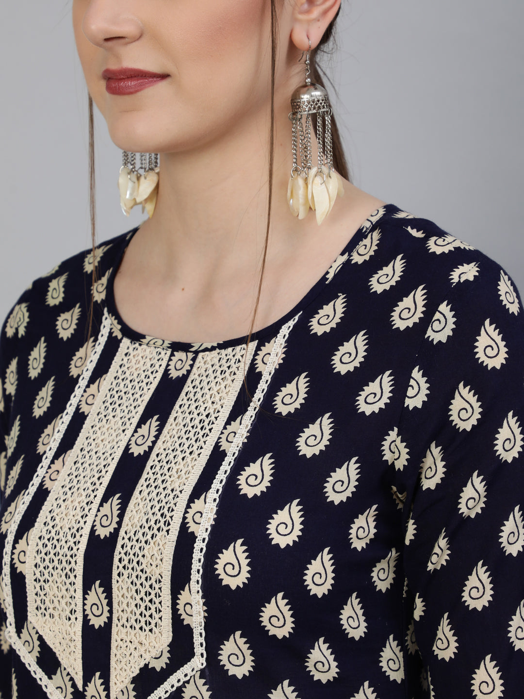 Printed Round Neck Calf Length 3/4 Sleeve Cotton Straight Kurta & Pant Set - Image 5