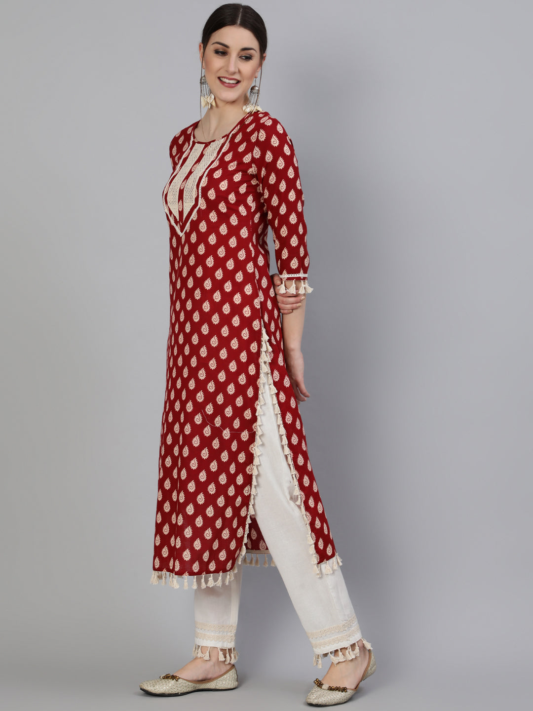 Printed Round Neck Calf Length 3/4 Sleeve Cotton Straight Kurta & Pant Set - Image 2