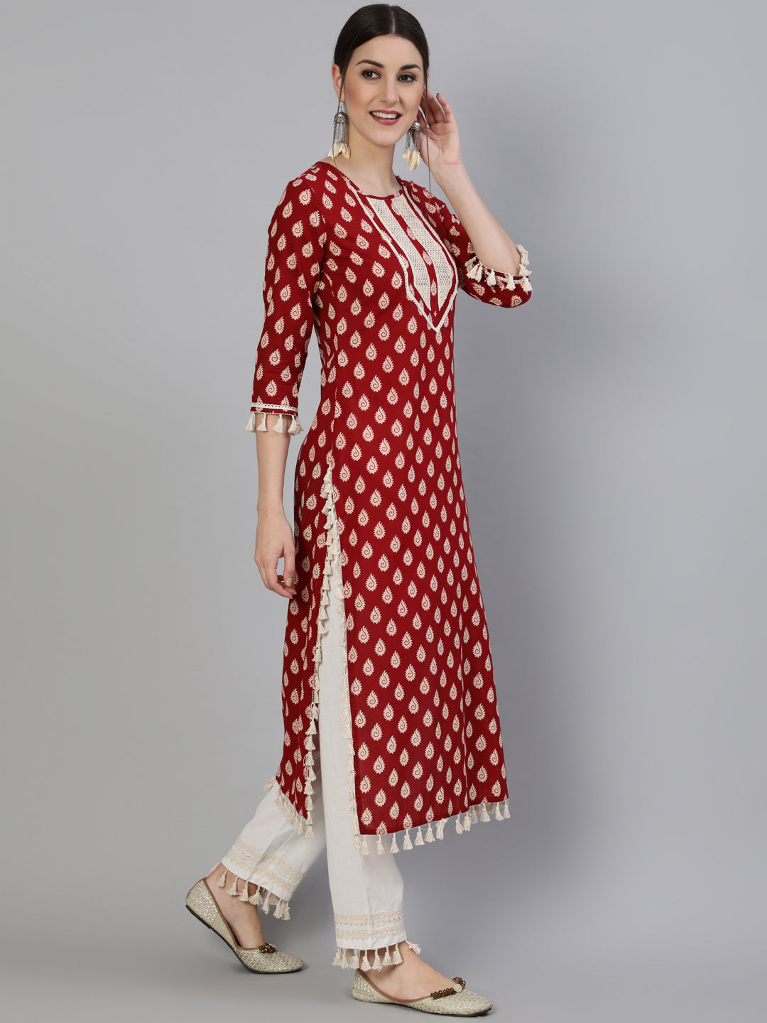 Printed Round Neck Calf Length 3/4 Sleeve Cotton Straight Kurta & Pant Set - Image 3