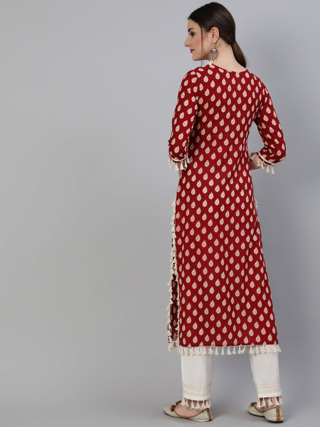 Printed Round Neck Calf Length 3/4 Sleeve Cotton Straight Kurta & Pant Set - Image 5