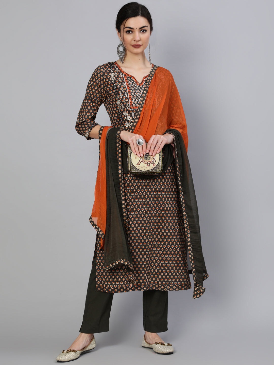 Cotton Calf Length Embroidered Straight 3/4 Sleeve Round Neck Kurta Set With Dupatta - Image 4