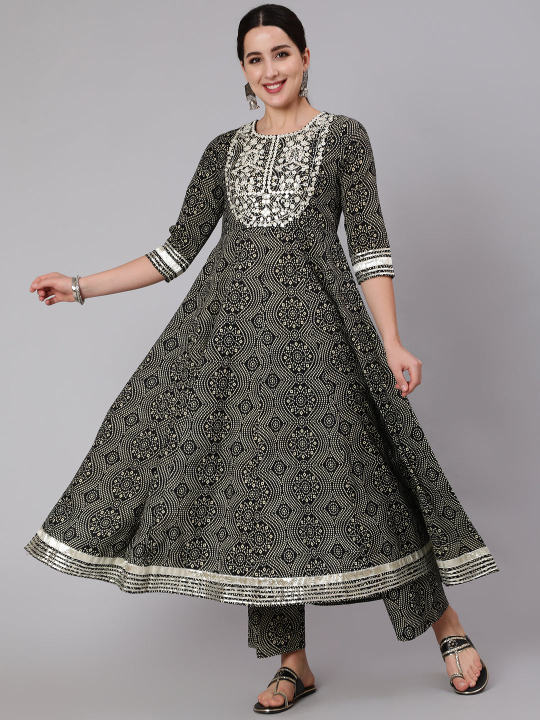Cotton Calf Length Mirror Work Flared 3/4 Sleeve Round Neck Kurta Set With Dupatta - Image 4