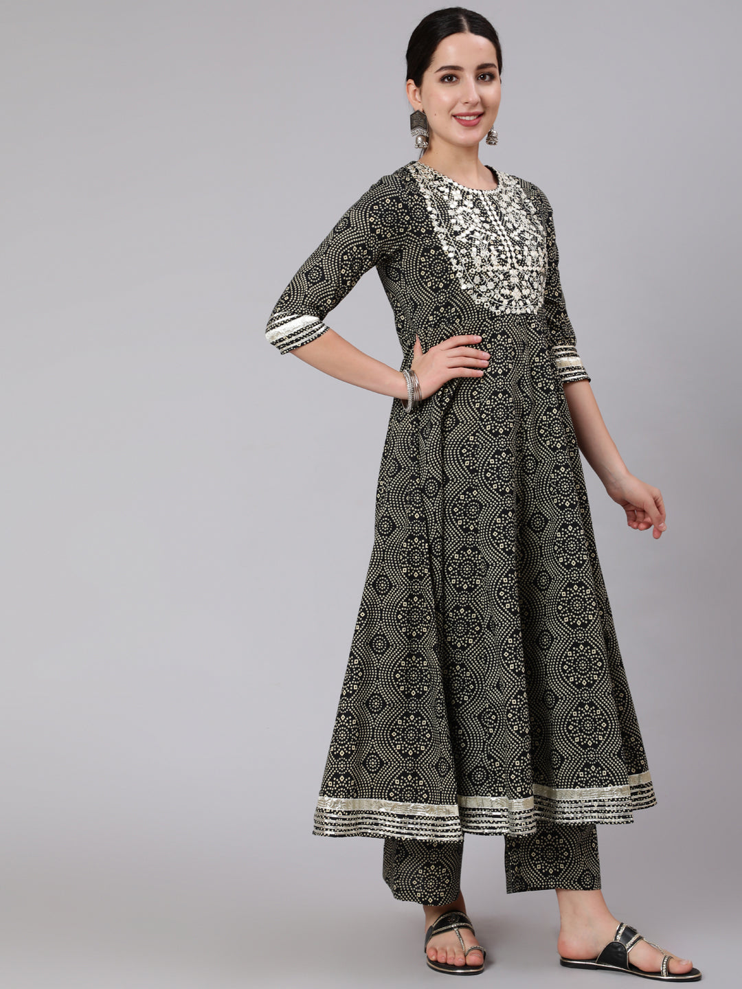 Cotton Calf Length Mirror Work Flared 3/4 Sleeve Round Neck Kurta Set With Dupatta - Image 2