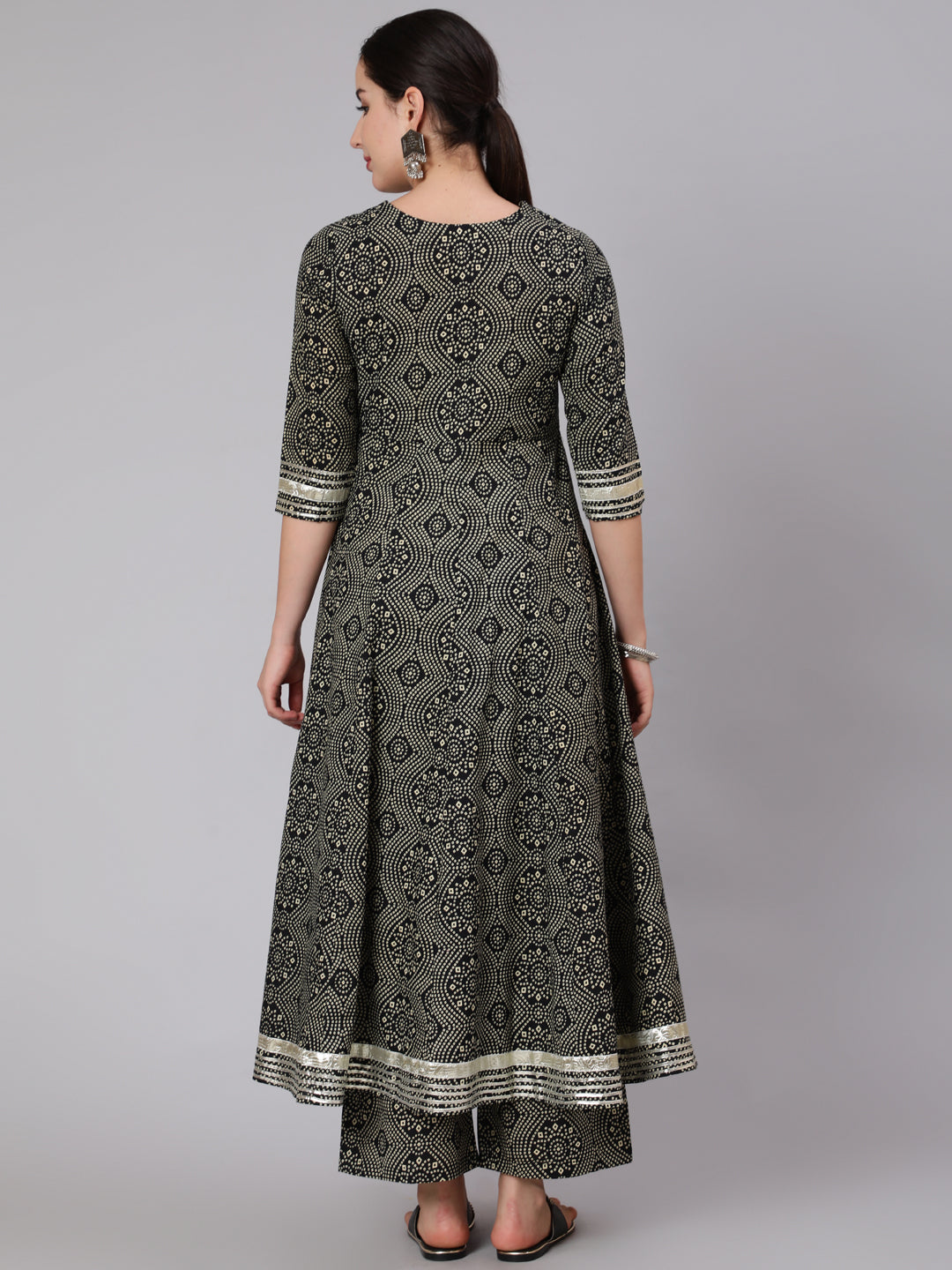 Cotton Calf Length Mirror Work Flared 3/4 Sleeve Round Neck Kurta Set With Dupatta - Image 3