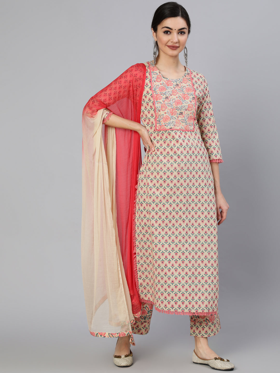 Cotton Calf Length Embellised Stright 3/4 Sleeve Round Neck Kurta Set With Dupatta - Image 4