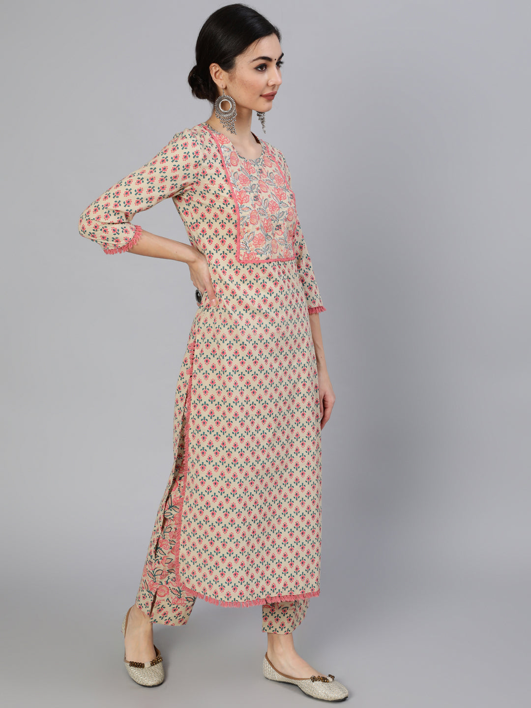 Cotton Calf Length Embellised Stright 3/4 Sleeve Round Neck Kurta Set With Dupatta - Image 2