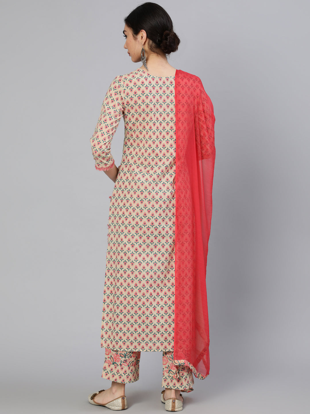 Cotton Calf Length Embellised Stright 3/4 Sleeve Round Neck Kurta Set With Dupatta - Image 3