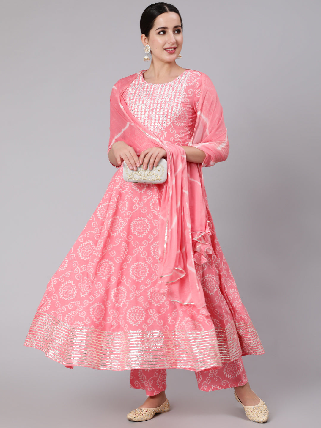 Cotton Calf Length Mirror Work Flared 3/4 Sleeve Round Neck Kurta Set With Dupatta - Image 4