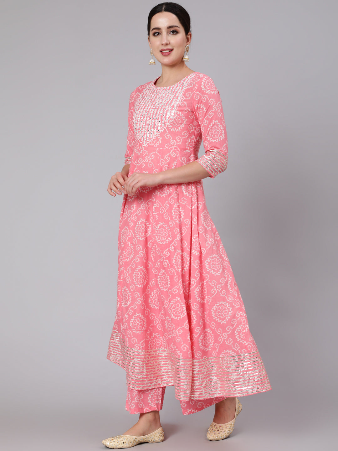 Cotton Calf Length Mirror Work Flared 3/4 Sleeve Round Neck Kurta Set With Dupatta - Image 2