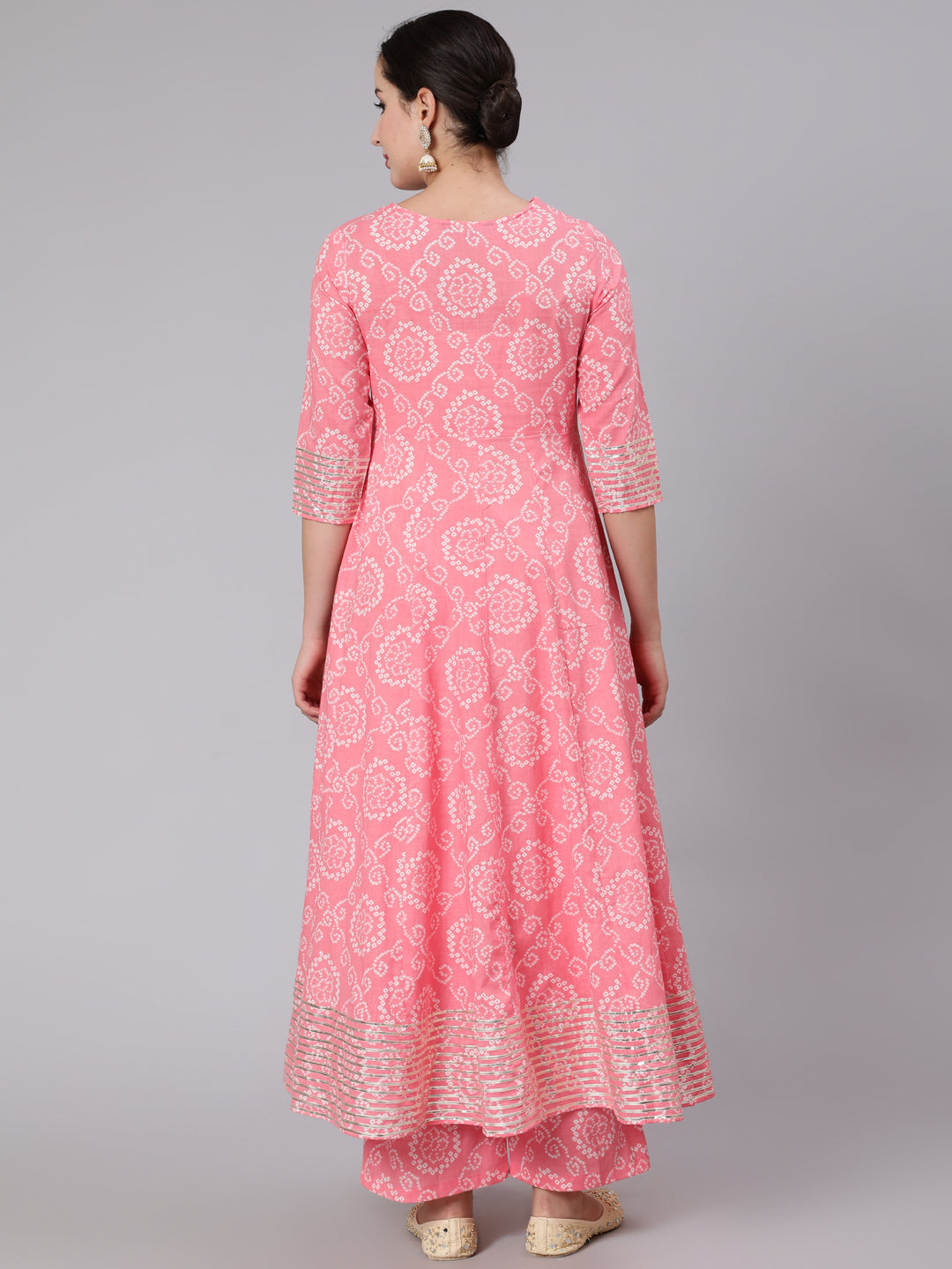 Cotton Calf Length Mirror Work Flared 3/4 Sleeve Round Neck Kurta Set With Dupatta - Image 3