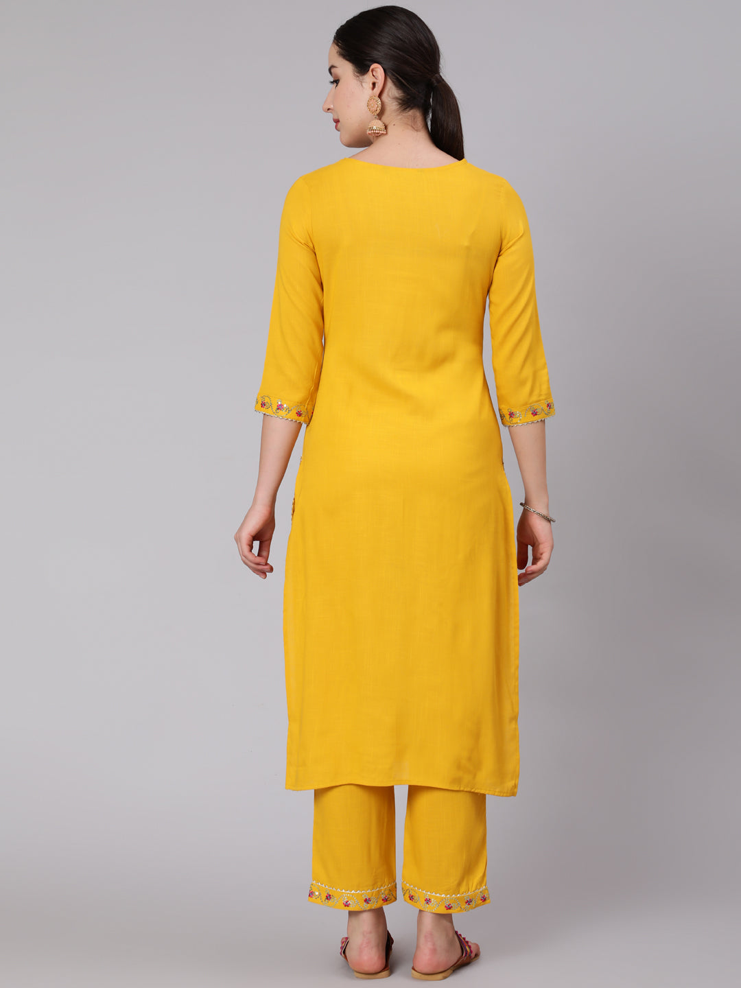Rayon Slub Calf Length Sequence Stright 3/4 Sleeve Round Neck Kurta Set With Dupatta - Image 3
