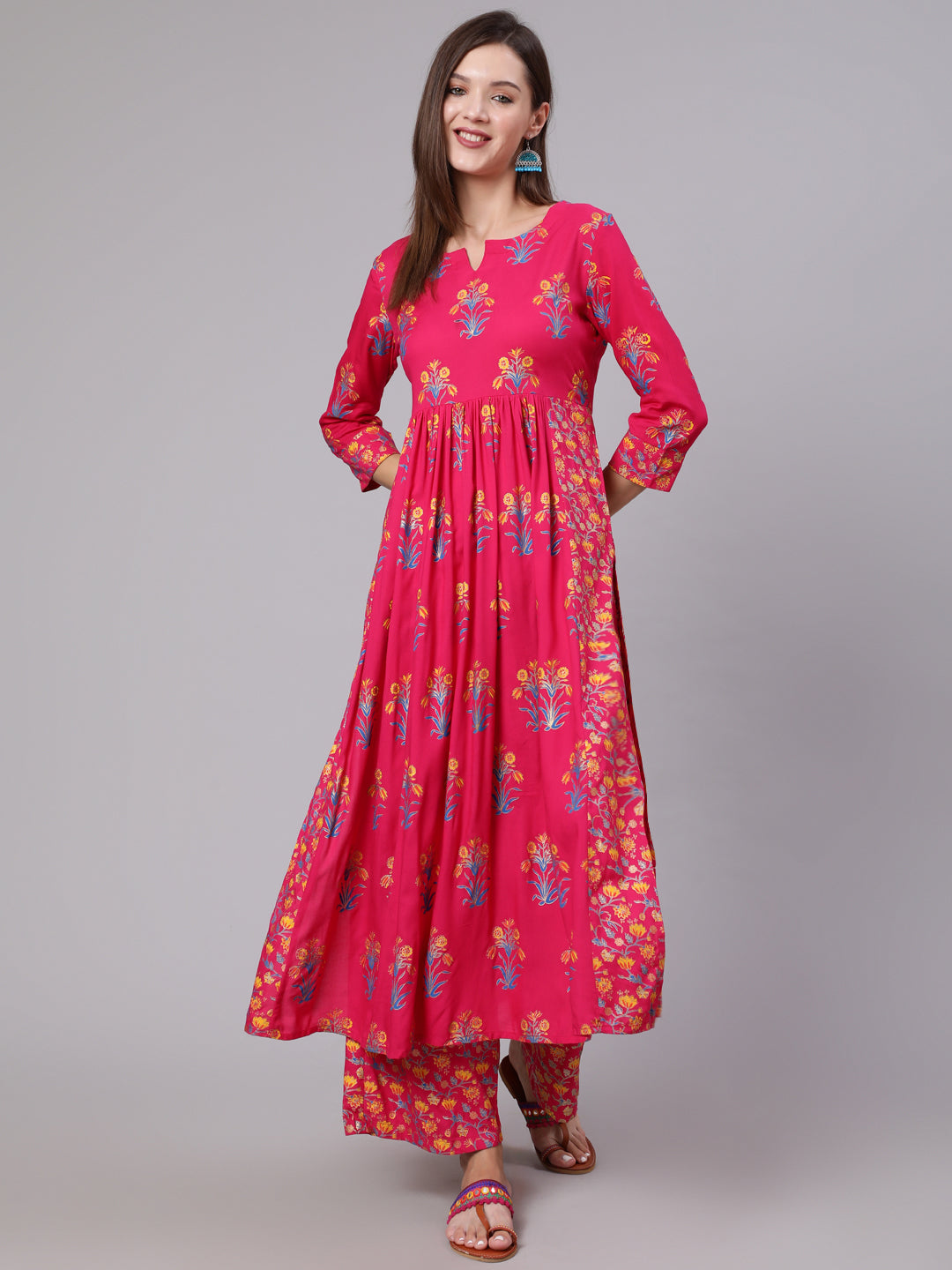 Rayon Calf Length Printed Flared 3/4 Sleeve Round Neck Set - Image 2