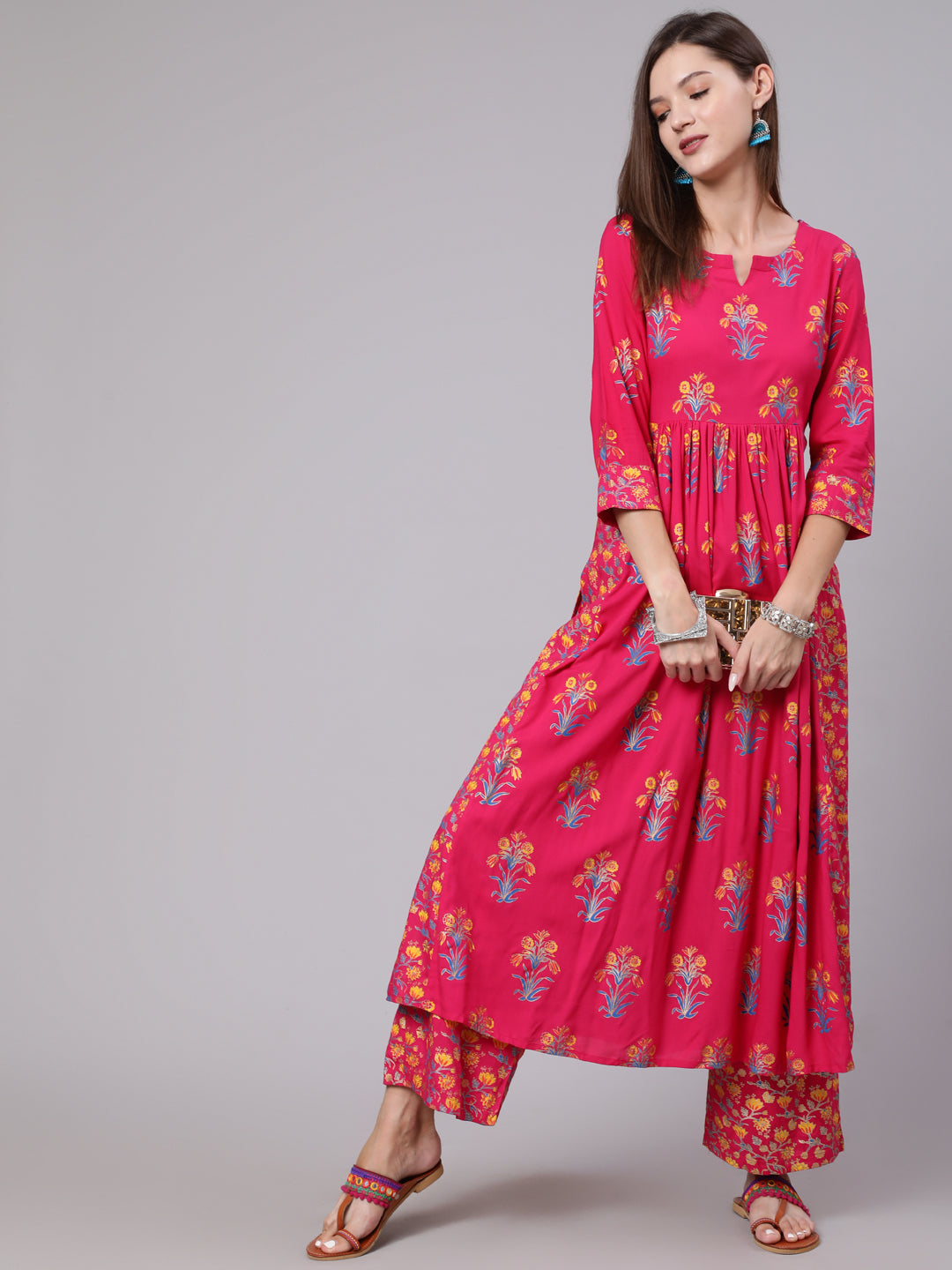 Rayon Calf Length Printed Flared 3/4 Sleeve Round Neck Set - Image 4