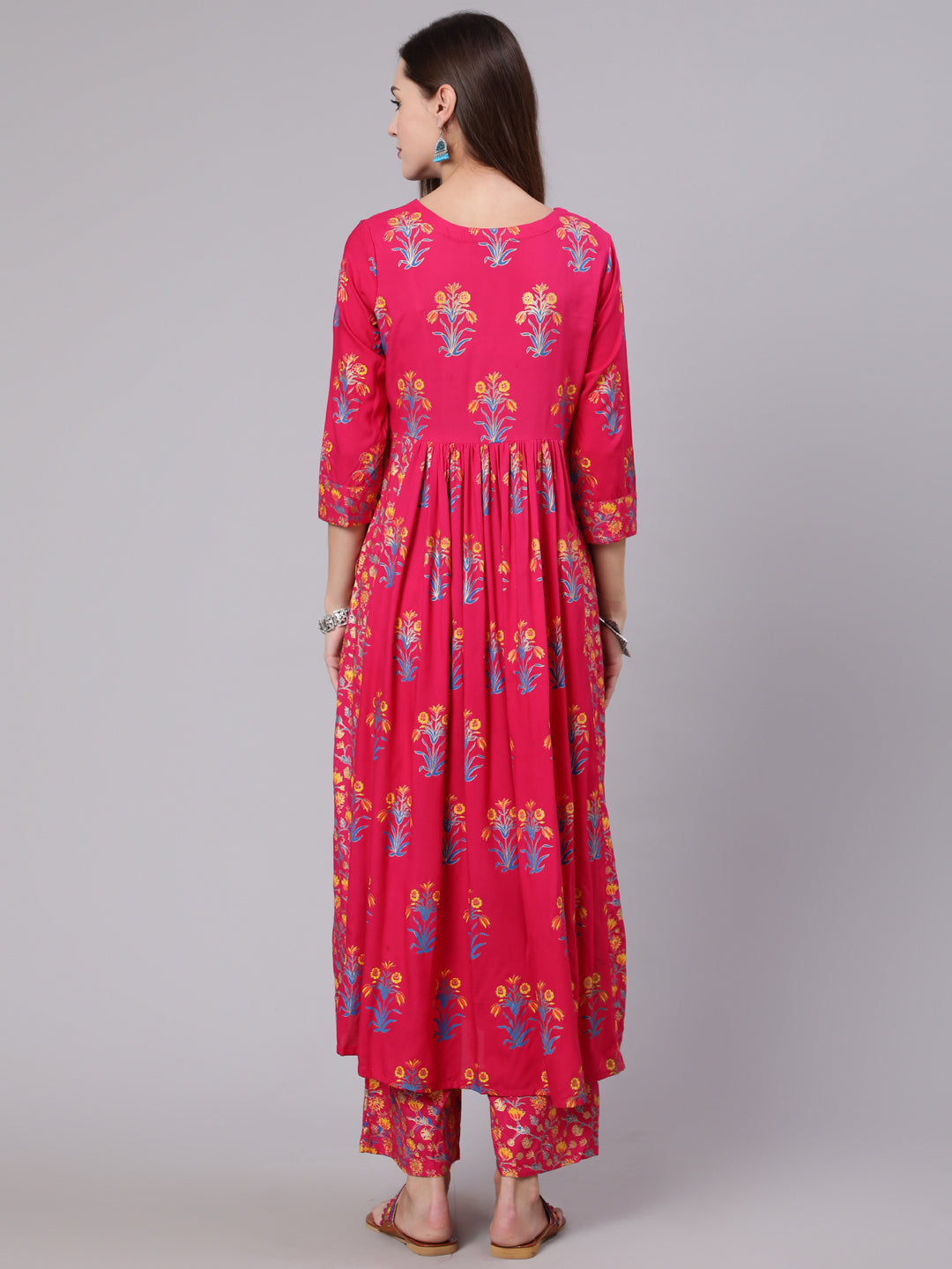 Rayon Calf Length Printed Flared 3/4 Sleeve Round Neck Set - Image 3