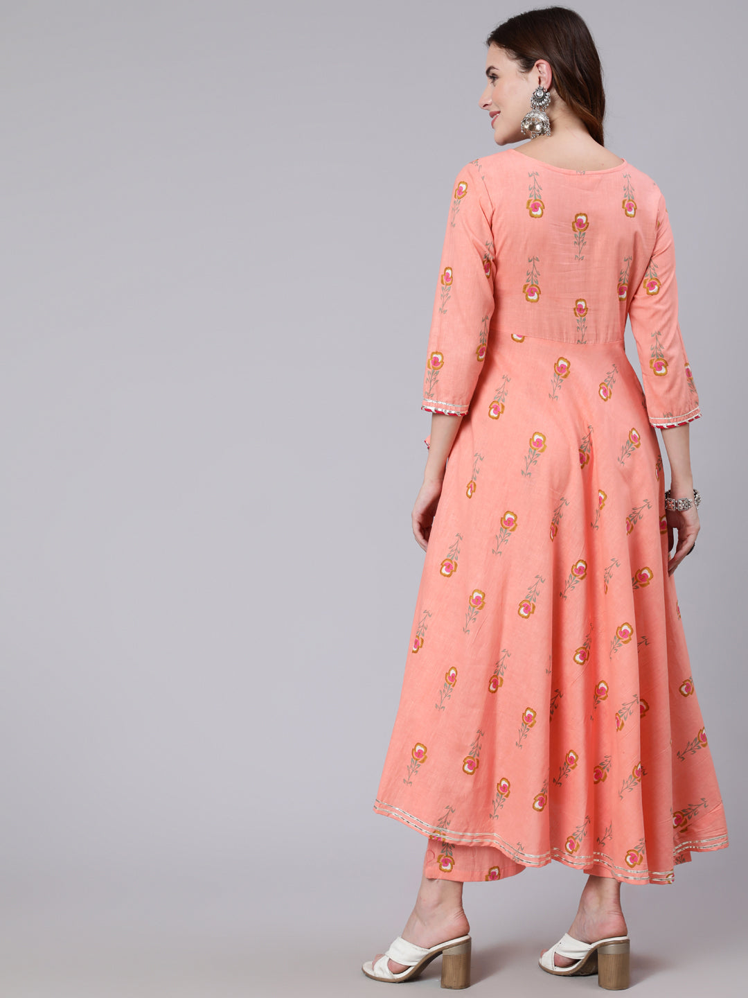 Cotton Calf Length Printed Flared 3/4 Sleeve V Neck Kurta Pant Set - Image 3