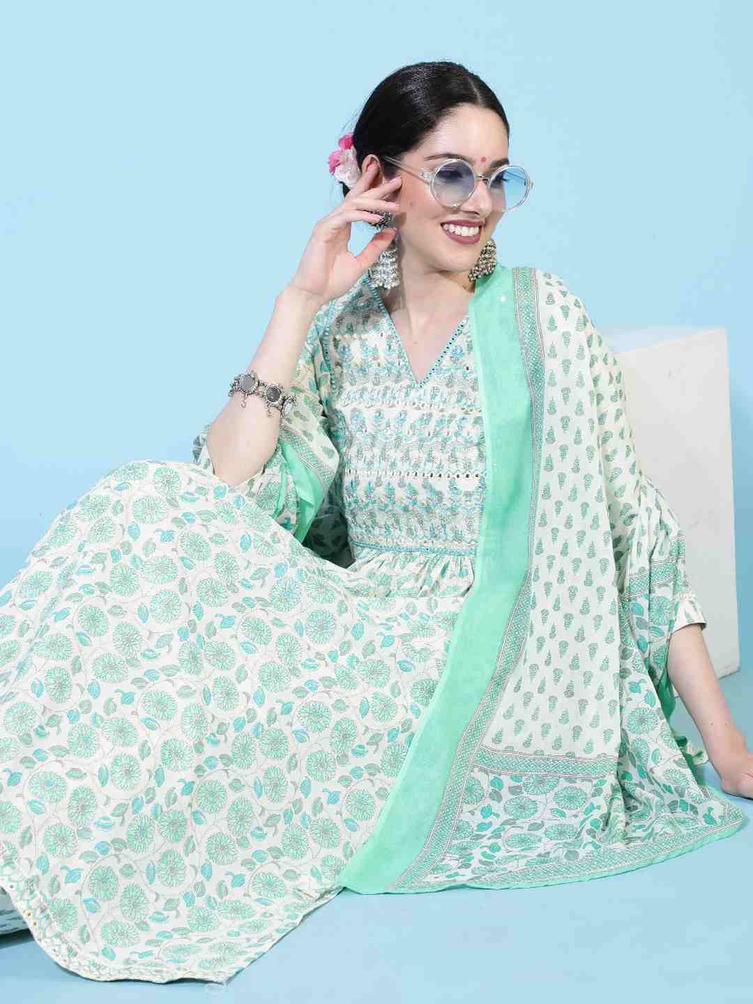 Cotton Calf Length Printed Flared 3/4 Sleeve V-Neck Kurta Bottom Dupatta Set - Image 2