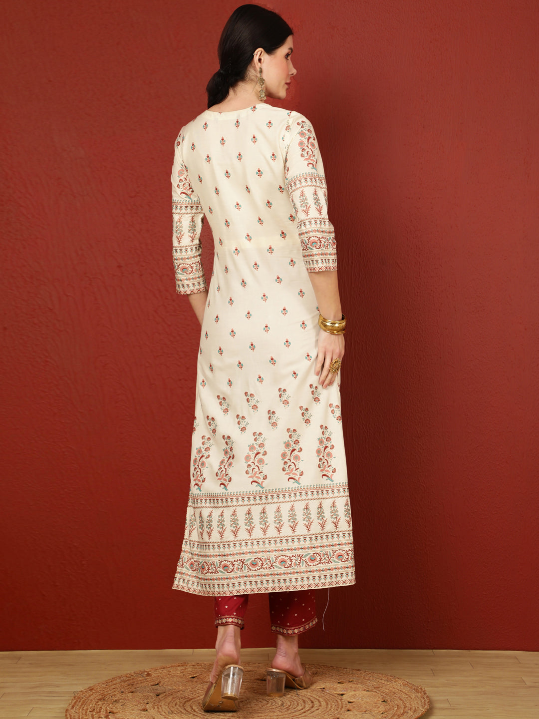 Rayon Calf Length Printed Straight 3/4 Sleeves Round Kurta Bottom Dupatta Set - Image 3