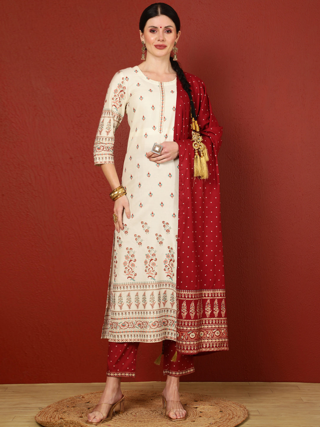 Rayon Calf Length Printed Straight 3/4 Sleeves Round Kurta Bottom Dupatta Set - Image 4