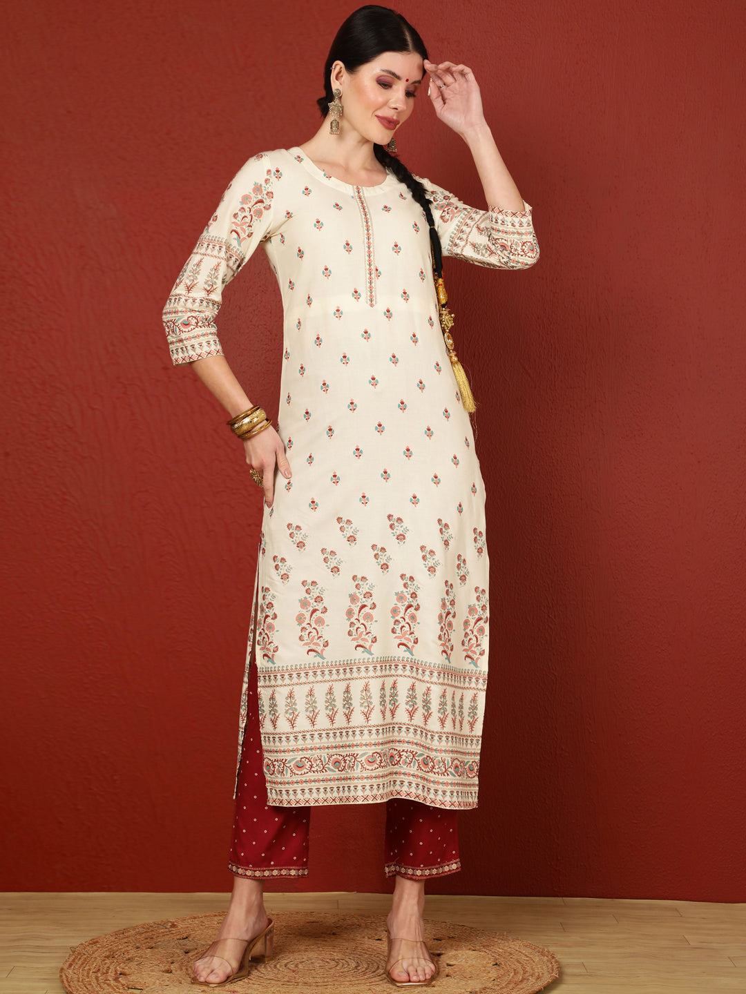Rayon Calf Length Printed Straight 3/4 Sleeves Round Kurta Bottom Dupatta Set - Image 5