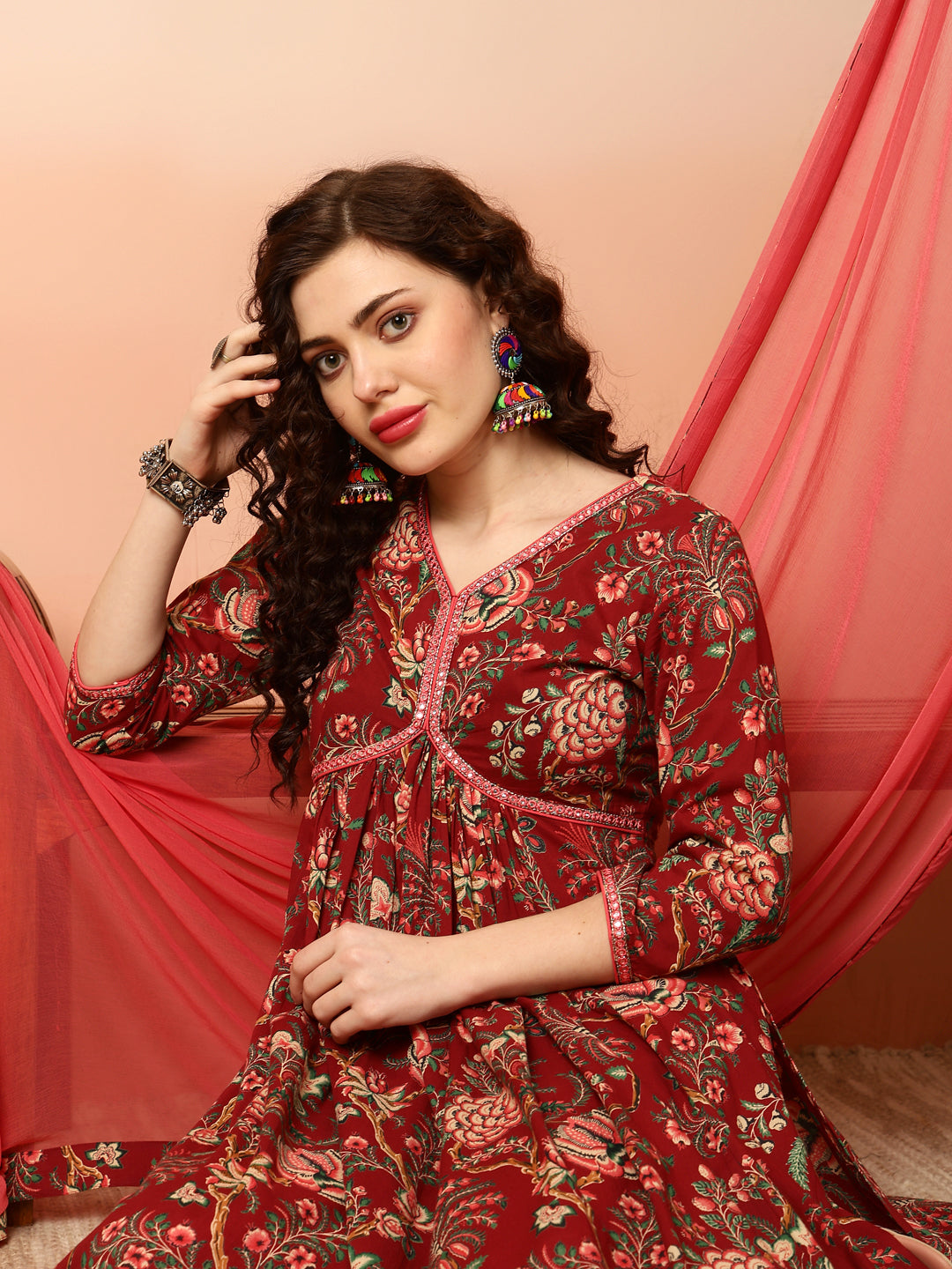 Cotton Calf Length Semi-Flared 3/4 Sleeves V Kurta Bottom Dupatta Set - Image 2