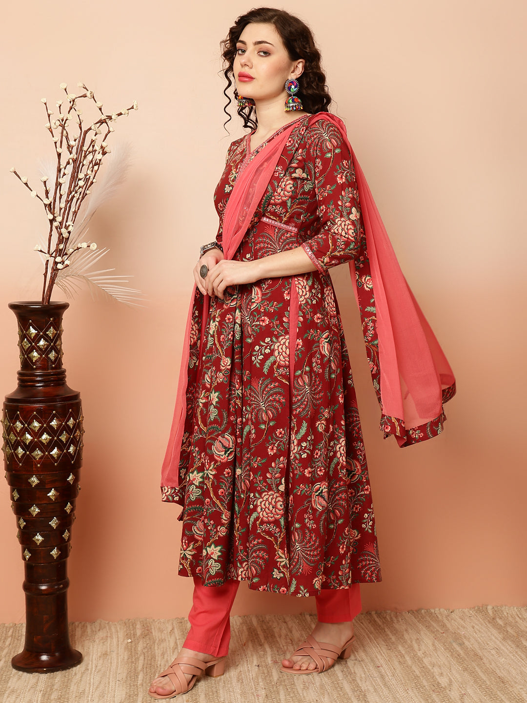 Cotton Calf Length Semi-Flared 3/4 Sleeves V Kurta Bottom Dupatta Set - Image 3