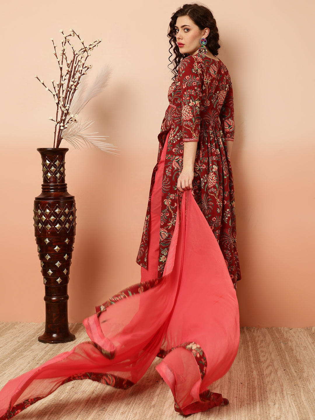 Cotton Calf Length Semi-Flared 3/4 Sleeves V Kurta Bottom Dupatta Set - Image 5