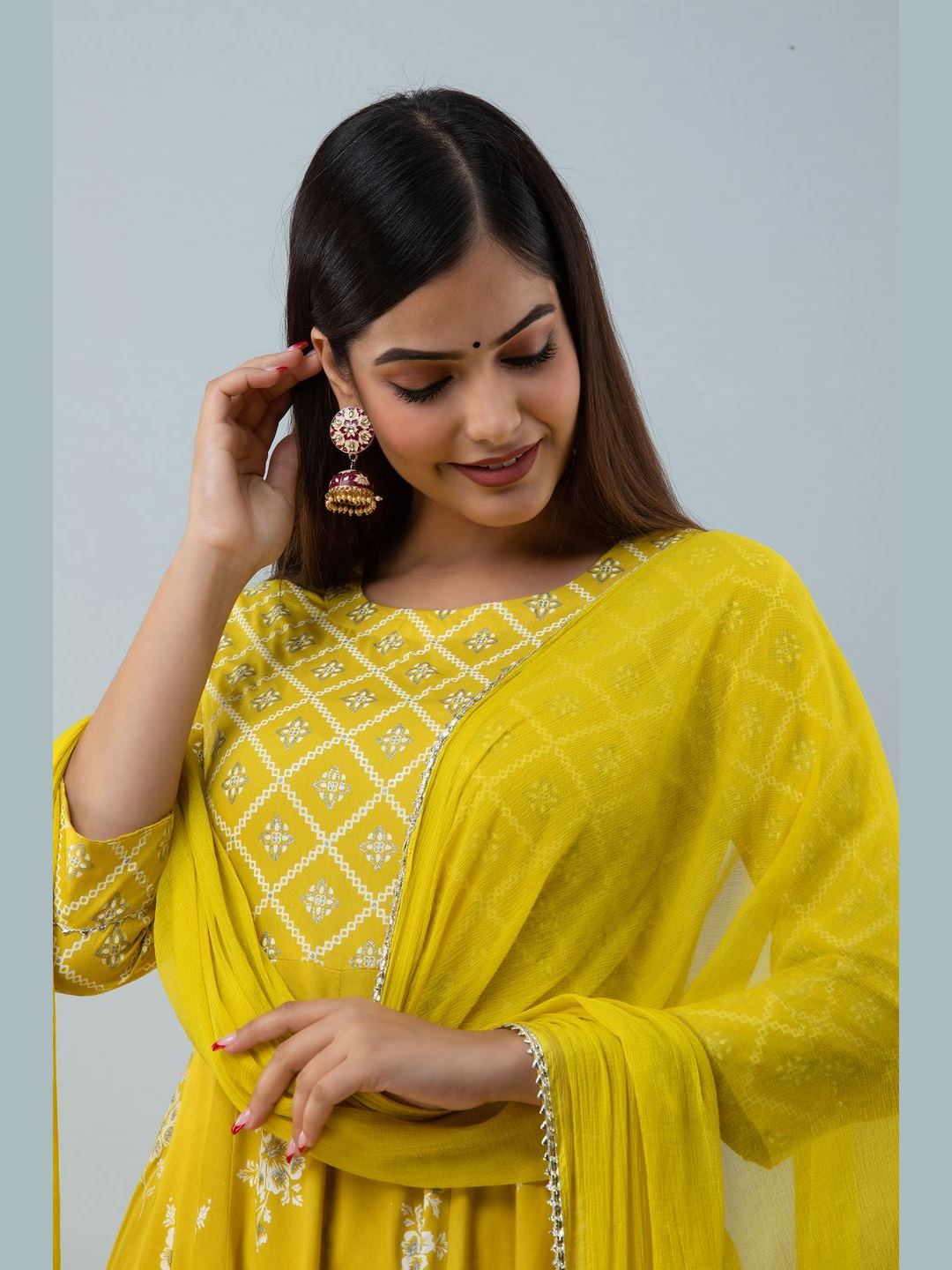 Printed Rayon Round Neck 3/4 Sleeve Flared Ankle Kurta and Dupatta Set - Image 4