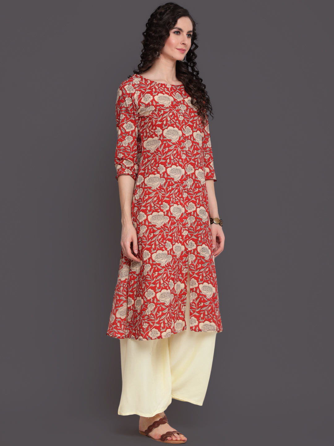 Cotton Calf Length Straight 3/4 Sleeve Round Neck Printed Kurta - Image 2