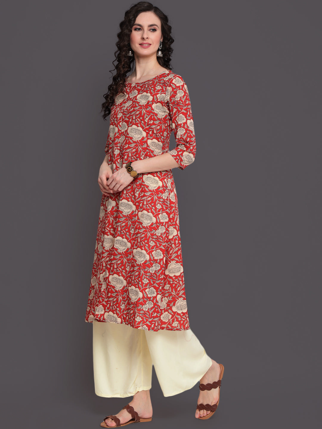 Cotton Calf Length Straight 3/4 Sleeve Round Neck Printed Kurta - Image 3